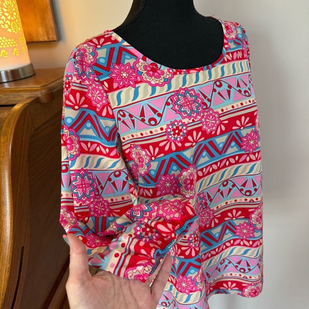 Boutique Colorful Scoop NeckMOD Style Women's Top with Geometric Patterns ~S/M - Picture 2 of 14